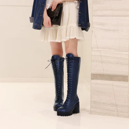 Vista 73 de Parisuit Botas góticas altas hasta la rodilla con hebilla de plataforma para mujer, tacón alto grueso, con cordones, botas de combate punk, con Negro