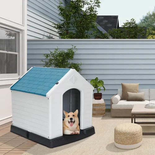 Vista 11 de Casa Grande de Plástico para Perros, Caseta para Perros Exterior Impermeable Doghouse Casas para Perros, Refugio para Cachorros Piso Elevado