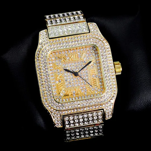 Vista 5 de Techno Pave Reloj de diamante cuadrado helado para hombre con caja totalmente helada, esfera romana helada, correa ajustable brillante, oro de 14