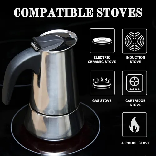 Vista 12 de Estufa de acero inoxidable Moka Pot Espresso Maker Percolator 12 tazas 20.3 fl oz portátil italiano Greca Cafetera cubana para gran familia, hogar