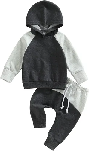 Vista 133 de Ropa de bebé niño 3 6 9 12 18 24M 3T Conjunto de pantalones con capucha patchwork sudadera con capucha pantalones de rayas traje de otoño invierno