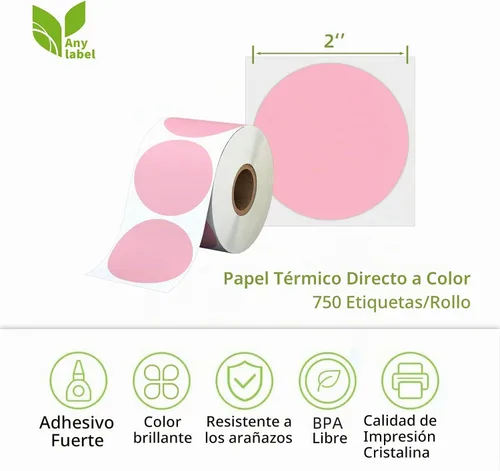 Vista 2 de Etiquetas térmicas directas circulares rosas de 2 pulgadas, calcomanías térmicas directas redondas autoadhesivas, etiquetas adhesivas multiusos