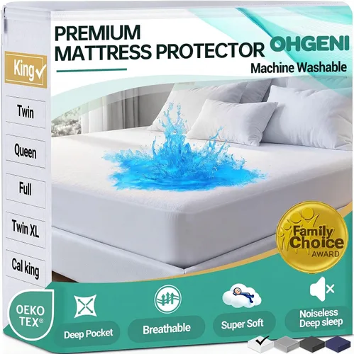 Vista 18 de OhGeni - Protector de colchón impermeable, tamaño Queen, con bolsillo profundo de 6 a 18 pulgadas, transpirable, sin ruido, suave, lavable, a prueba
