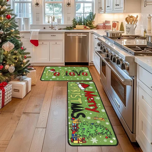 Vista 2 de Juego de 2 alfombras de cocina de Feliz Navidad, tapetes de cocina del Grinch para el suelo, decoración de cocina de Navidad, decoraciones festivas