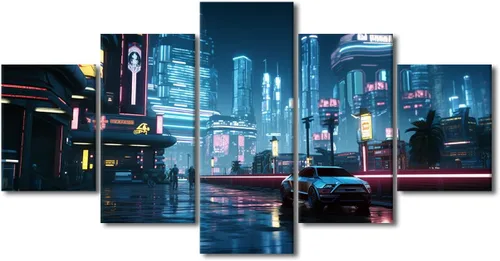 Vista 67 de Póster de 5 paneles en lienzo para decoración de pared, diseño de centro urbano Cyberpunk, impresión moderna, decoración de pared para el hogar