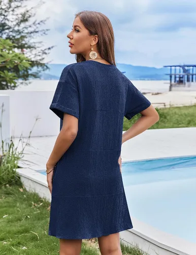 Vista 4 de AI'MAGE Vestido de playa de manga corta para mujer, con cuello en V, con bolsillos