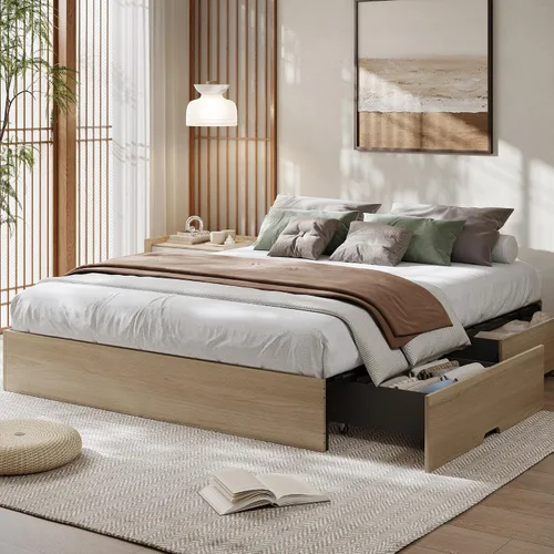 Vista 18 de GarveeHome - Marco de cama con plataforma de madera, marco de cama individual sin cabecero Marco de cama de suelo, diseño de perfil bajo, soporte