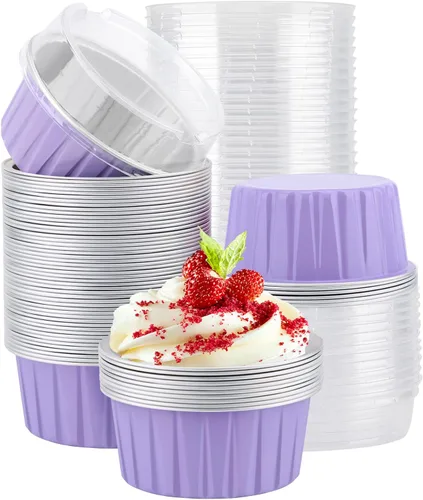 Vista 14 de EUSOAR Tazas de aluminio para hornear, paquete de 30 tazas de 5 onzas para cupcakes con tapas, moldes de pastel de 4.2 fl oz, flanes de postres