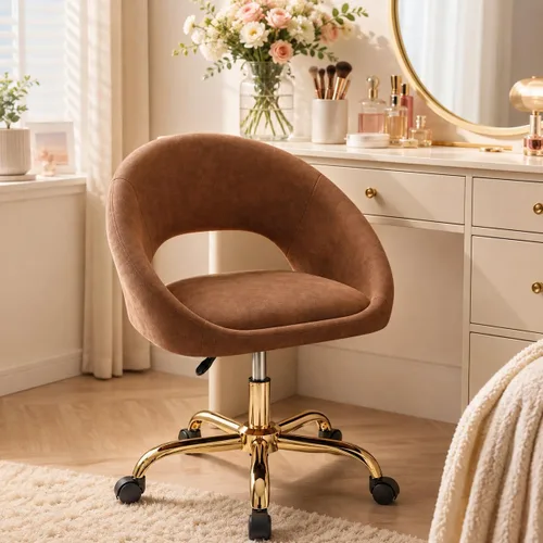 Vista 10 de Silla de tocador con ruedas (grande), silla de oficina en casa chapada en titanio dorado, 300 libras, moderna silla giratoria de terciopelo