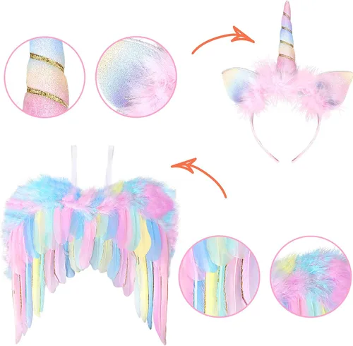 Vista 4 de GC Disfraz de unicornio para niñas vestido de tutú de arco iris con diadema atuendo de princesa para fiesta de cumpleaños Arcoiris Rainbow