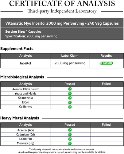 Vista 3 de Vitamatic Myo-inositol 2000 mg por porción – 240 cápsulas vegetales – 60 porciones – Sin OMG, sin gluten – Fabricado en Estados Unidos