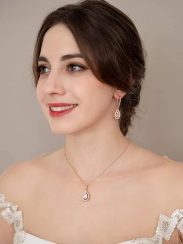 Vista 3 de SWEETV Juegos de joyas de boda de lágrima de cristal para novias y damas de honor, diamantes de imitación, circonita cúbica, collar y aretes