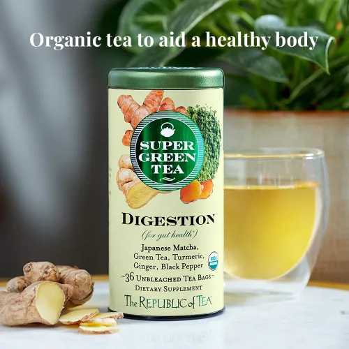 Vista 3 de The Republic of Tea - Lata de té SuperGreen de digestión orgánica, 36 bolsas de té, matcha japonés con cafeína natural y té verde