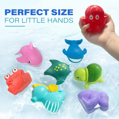 Vista 6 de LotFancy Juguete de baño, 8PCS juguetes de baño sin moho para niños de 1 a 3 años, juguetes de baño para bebés sin agujeros para niños pequeños de 2