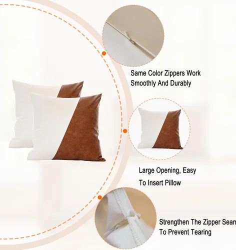 Vista 3 de Juego de 2 fundas de almohada de 20x20 pulgadas de cuero sintético blanco y marrón, almohadas decorativas de algodón estilo boho moderno para sofá