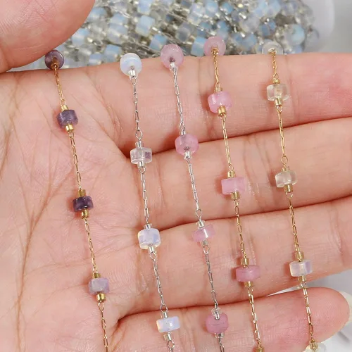 Vista 5 de GIOTEL Cadena de cuentas de piedra natural de acero inoxidable de 3.3 ft para pulseras hechas a mano, collares, collares, materiales de fabricación