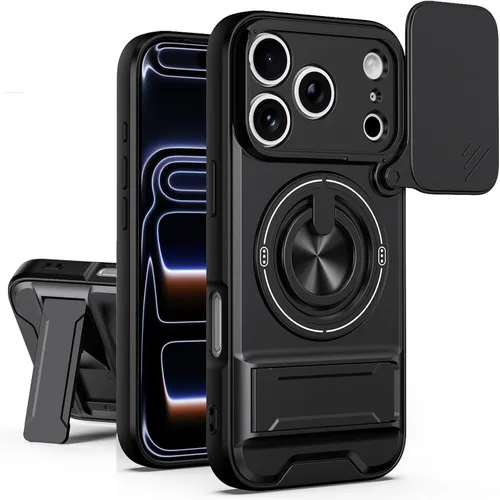 Vista 15 de Dssairo Funda para iPhone 15 con anillo magnético de rotación de 360° compatible con carcasa MagSafe Slide para cámara, soporte plegable, funda Negro