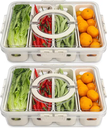 Vista 11 de Recipientes de barra de ensalada para refrigerador con mango de tapa, bandeja para verduras de almacenamiento de frutas Salad Prep Container with
