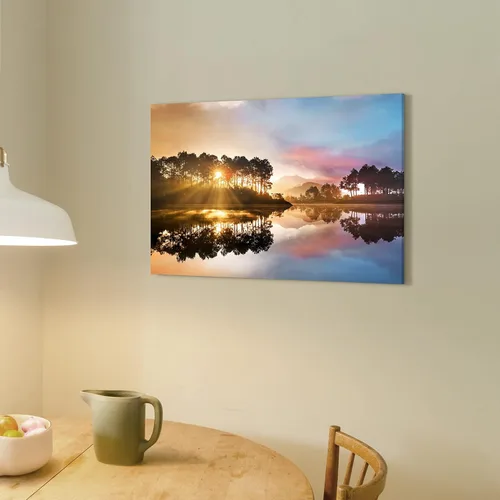 Vista 2 de SD SOFT DANCE - Lienzo de pared con paisaje del lago natural: arte de la naturaleza con escena de atardecer, bosque y montañas, pintura panorámica