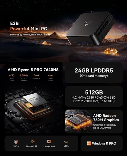 Vista 2 de KAMRUI Mini PC E3B, AMD Ryzen 5 PRO 7640HS, 24GB LPDDR5, 512 GB SSD