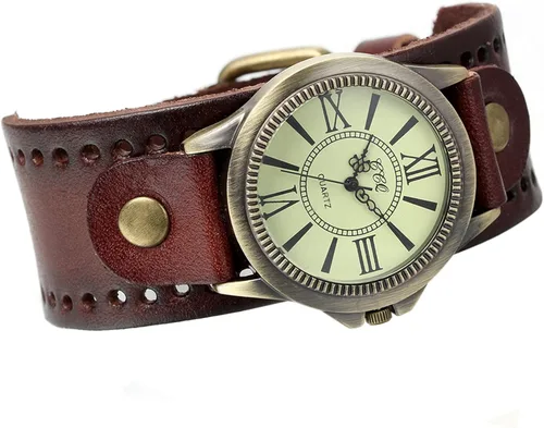 Vista 3 de Avaner Unisex Punk Retro bronce esfera redonda marrón ancho correa de cuero brazalete brazalete de números romanos relojes de pulsera analógicos