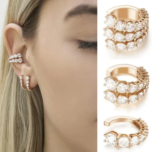 Vista 2 de Aretes de oreja para mujer, aretes de aro de circonita cúbica para mujer, piercing de oreja falso, sin perforación para niñas