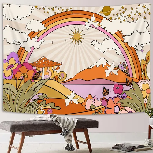Vista 3 de TOMOZ Tapiz vintage de los años 70 y 60, diseño retro de flores, nubes, sol y arco iris, tapiz para colgar en la pared, tapiz psicodélico bohemio