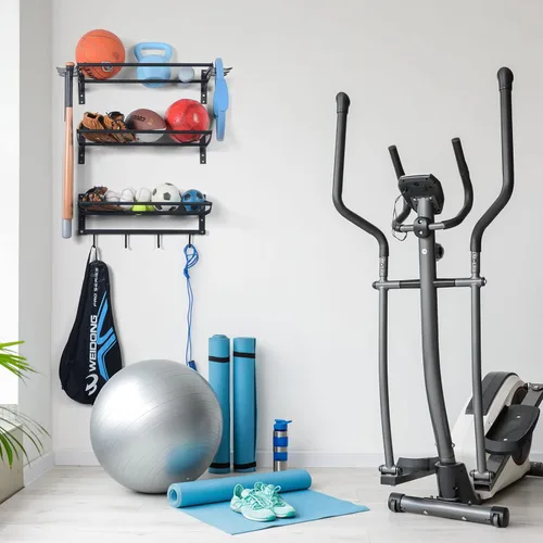 Vista 7 de XCSOURCE Organizador de equipos deportivos, estante de almacenamiento de bolas de 3 niveles con soportes para bates y raquetas, estante