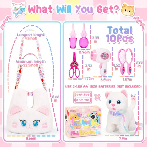 Vista 2 de NINAOR Juguetes interactivos para gatos para niños con bolsas bandolera, peluche de gato con correa para caminar y maullar, juguete de robot gatito