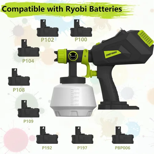 Vista 5 de Pulverizador de pintura inalámbrico para batería Ryobi de 18V, pistola de pintura HVLP de mano con 3 patrones de pulverización y 4 boquillas, ideal