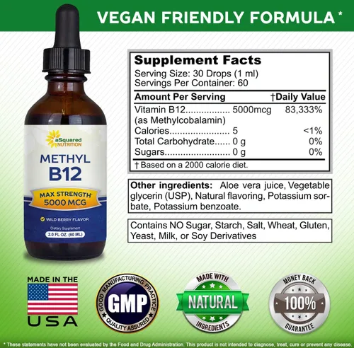 Vista 4 de Vitamina B12 Sublingual líquido gotas – 5000 mcg Suplemento con Methylcobalamin (methyl B-12) – Max absorción B 12 para aumentar la energía