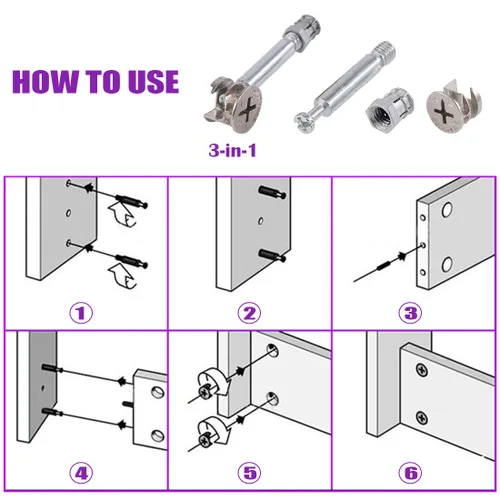 Vista 6 de 125 piezas 3 en 1 Kit de montaje de tuerca de perno de leva con tornillo de fijación de gabinete de muebles, montaje de leva con accesorios