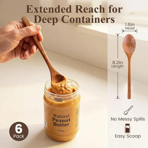 Vista 2 de HAKSEN Cucharas de madera para comer, cuchara de sopa de madera de 8.2 pulgadas con mango largo para comida coreana, comida diaria, salsa, café, 6