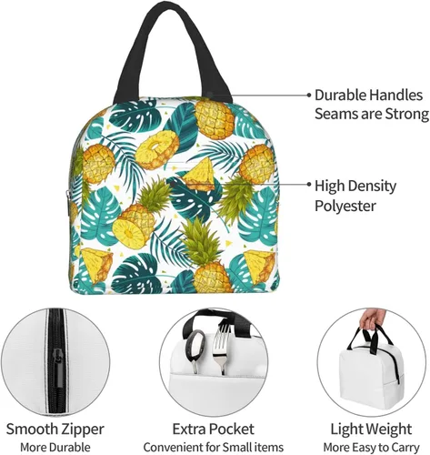 Vista 7 de Bolsa de almuerzo aislada Hmklpi con piñas, bolsillo frontal, reutilizable, con cierre de cremallera para hombres y mujeres