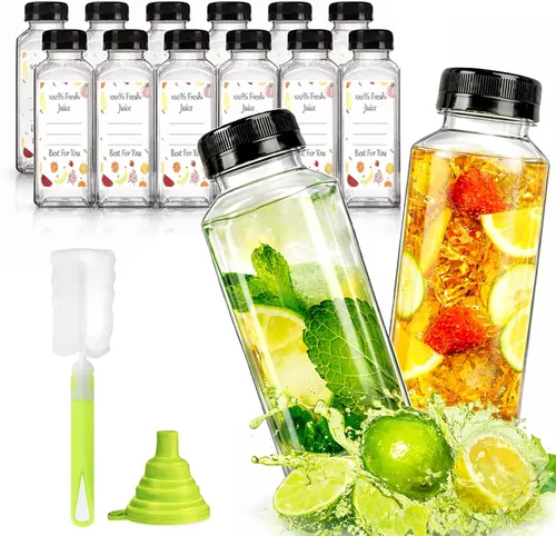 Vista 12 de Botellas de jugo de plástico, recipientes reutilizables para jugo con tapas blancas a prueba de manipulaciones, cepillo, embudo y etiquetas