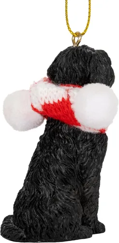 Vista 5 de Perro de agua portugués negro árbol de Navidad ornamento tela caramelo bastón bufanda