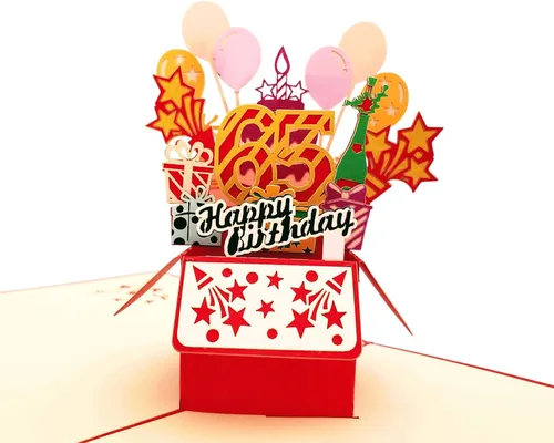 Vista 2 de iGifts And Cards Tarjeta de felicitación emergente 3D con caja de fiesta de cumpleaños número 65 color rojo de feliz 65 años – Sesenta y cinco