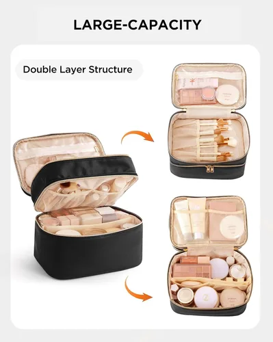 Vista 2 de HBlife Bolsa de maquillaje de viaje de doble capa, portátil, bonita bolsa de cosméticos de cuero, bolsa de maquillaje grande, estuche organizador