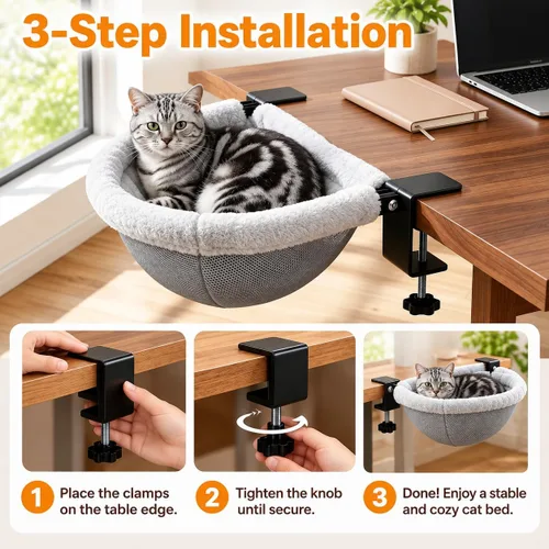 Vista 7 de Cama colgante para gatos, camas de escritorio para gatos con abrazaderas
