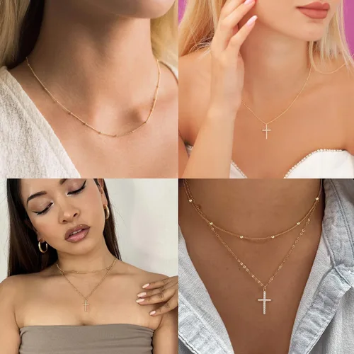 Vista 61 de Collar de cruz para mujeres y niñas, delicado chapado en oro de 14 quilates, gargantilla con dije de cruz que no se deslustra, impermeable, moderno