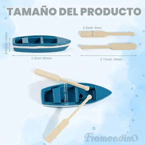 Vista 2 de Framendino, 2 juegos de mini bote de remos pequeño barco de madera con remos para accesorios de jardín de hadas