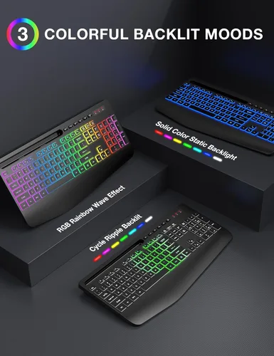 Vista 3 de SABLUTE Combo de teclado y mouse inalámbricos, 9 efectos retroiluminados, reposamuñecas, soporte para teléfono, teclados ergonómicos sin retrasos