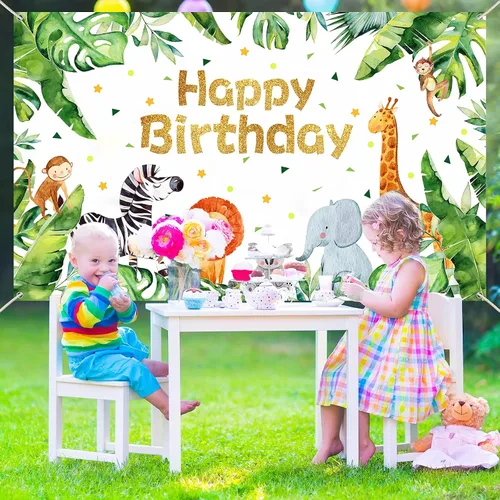 Vista 7 de Suministros para fiesta de cumpleaños de safari con temática de animales de la selva, telón de fondo, zoológico, animales, decoraciones de fiesta