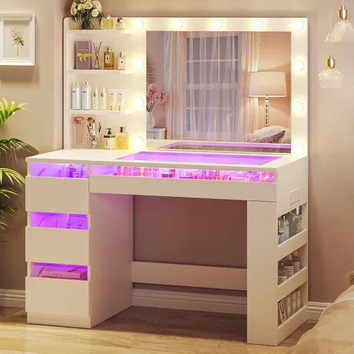 Vista 10 de HUAHUU Escritorio de tocador con espejo iluminado y parte superior transparente, escritorio de tocador de maquillaje con 4 cajones transparentes e