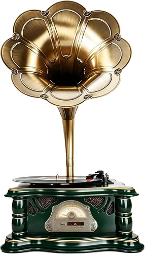 Vista 9 de Tocadiscos vintage de madera para gramófono, tocadiscos de fonógrafo retro, tocadiscos de 3 velocidades para discos de vinilo con reproducción