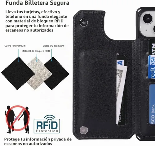 Vista 4 de iCoverCase Funda compatible con iPhone 14 Plus con tarjetero para mujer, bloqueo RFID en relieve, piel sintética con correa de muñeca de 6.7 H-Negro
