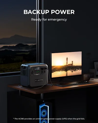 Vista 6 de BLUETTI Estación de energía portátil AC180, generador solar de 1152 Wh con 4 salidas de CA de 1800 W (pico de 2700 W), 0-80% en 45 minutos, batería