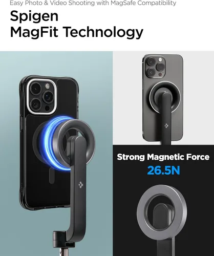 Vista 3 de Spigen Soporte de Trípode para Palo de Selfie con Control Remoto Bluetooth y Obturador, Extensible de 24", Compatible con MagSafe iPhone