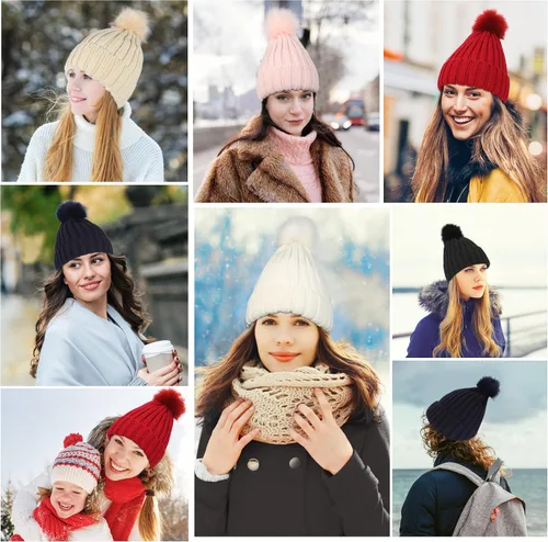 Vista 7 de Muryobao Gorro de invierno para mujer, con forro de satén, de piel sintética, con pompones, de punto, con forma de calavera