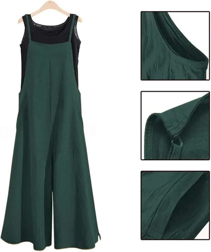 Vista 4 de YESNO - Enterizo holgado de estilo informal, overol con pantalones largos de pierna ancha, de algodón y con bolsillos, para mujer